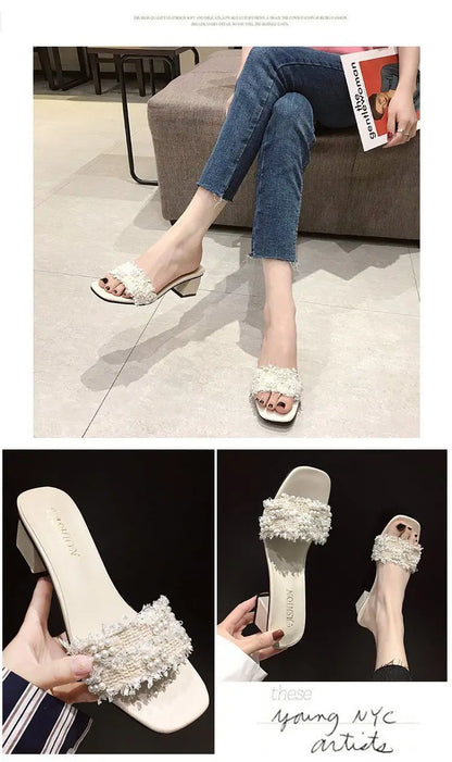 Comemore 2023 Sandals Slippers for Women's Summer Thick-heeled Slides High Heels Flip-flops Women Korean Pearl Open-toe Slipper