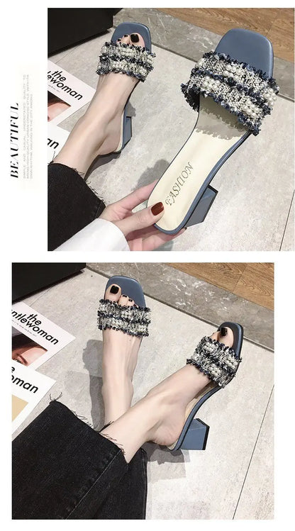 Comemore 2023 Sandals Slippers for Women's Summer Thick-heeled Slides High Heels Flip-flops Women Korean Pearl Open-toe Slipper