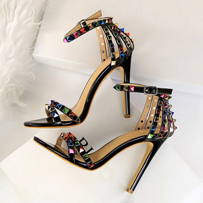 Summer Women 11cm High Heels Rivets Studded Sandals Lady Sandles Stiletto Gladiator Pumps Stripper Fetish Open Toe Luxury Shoes