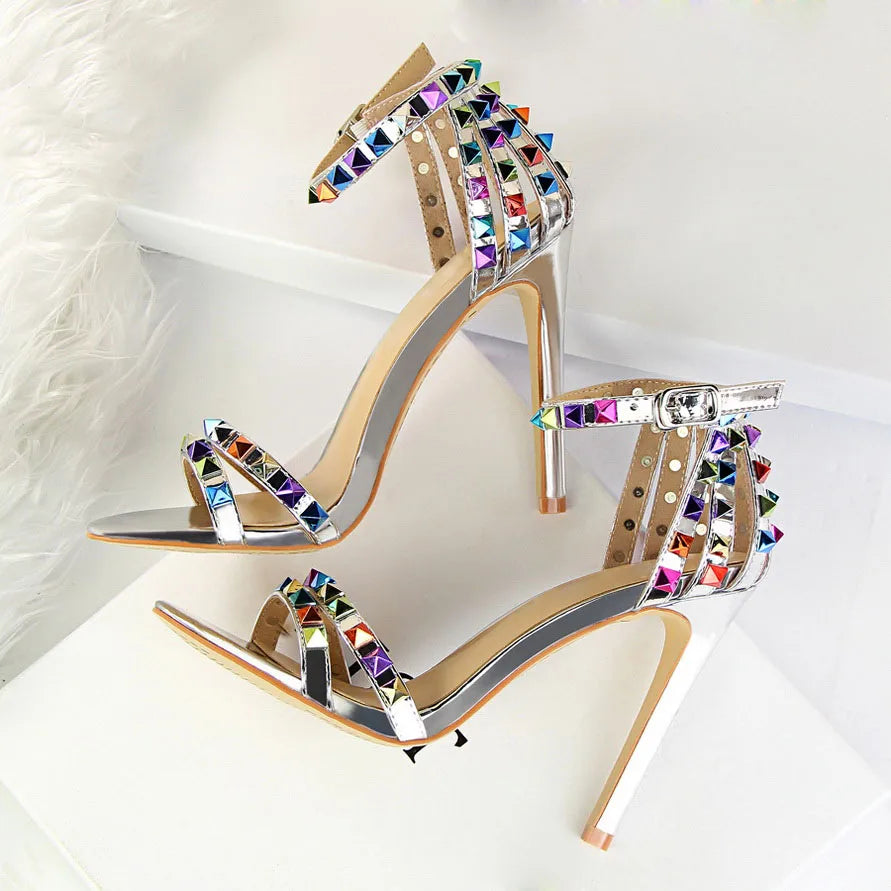 Summer Women 11cm High Heels Rivets Studded Sandals Lady Sandles Stiletto Gladiator Pumps Stripper Fetish Open Toe Luxury Shoes