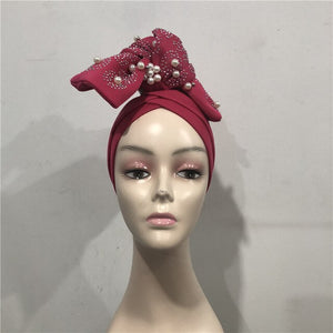 Nigerian gele headtie with beads already made auto hele turban cap african aso ebi gele aso oke headtie with beads-AC30